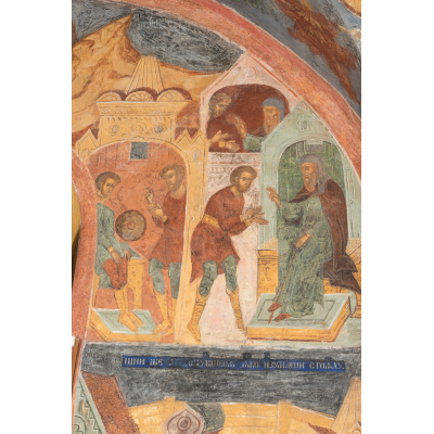 Юноша в мокрых одеждах и с жерновым камнем на шее оказывается у соборного алтаря (верхняя правая  композиция)
