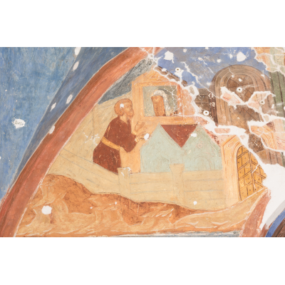 Настоятелю Неофиту сообщают о нехватке денег для строительства нового храма (верхняя левая композиция)